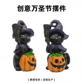 万圣节女巫猫摆件 